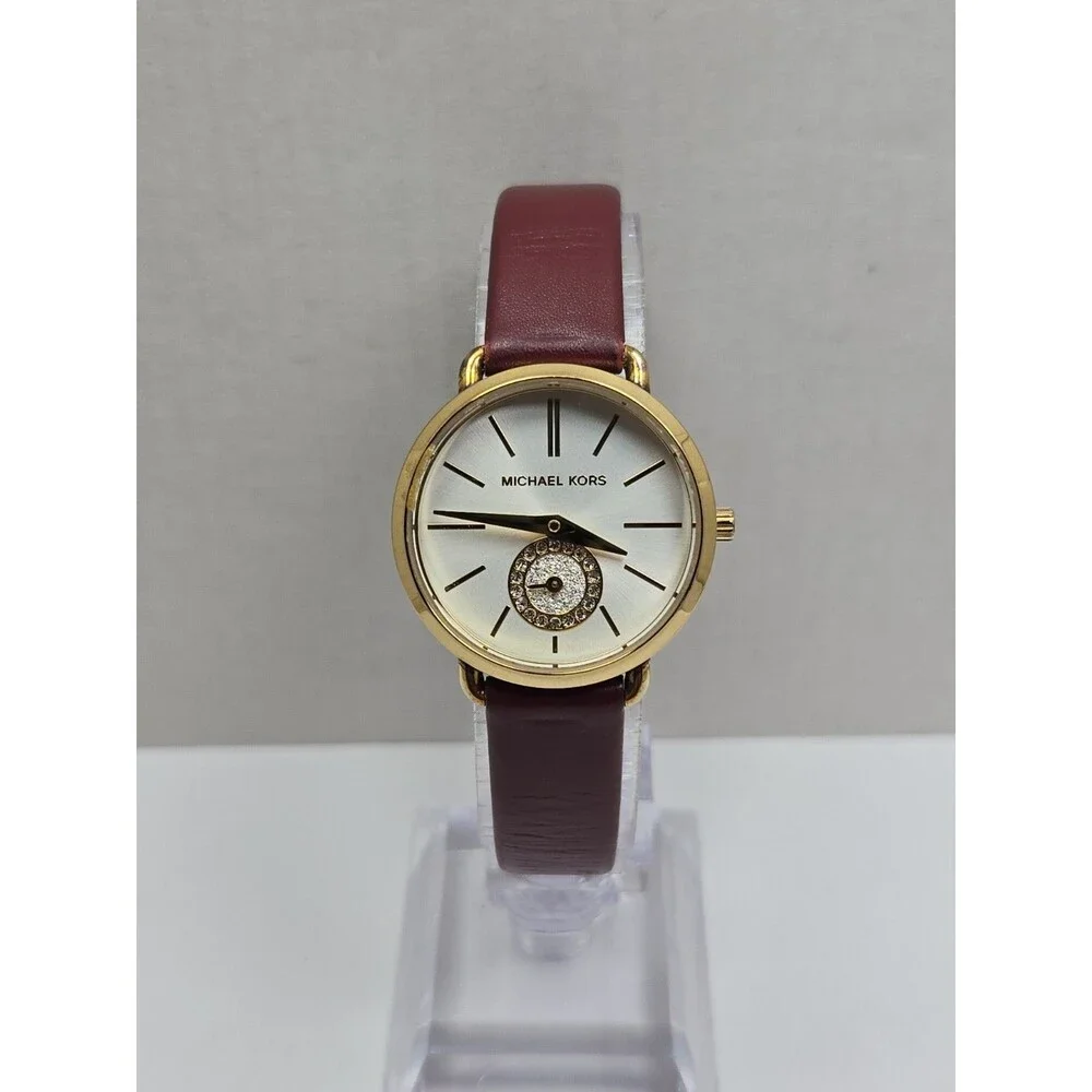 Michael Kors Portia Womens Gold Tone Merlot Leather Pave Watch 28 mm New Battery